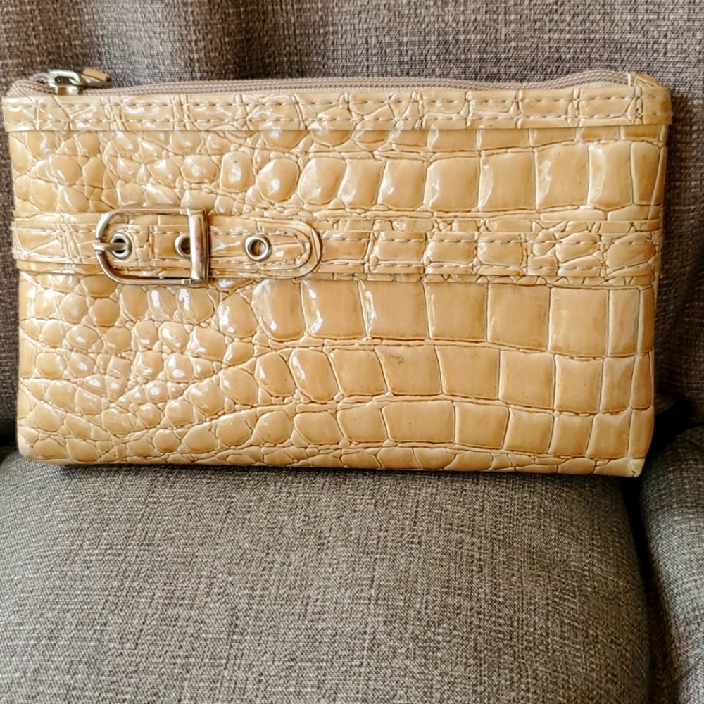 Modella Beige Faux Crocodile Skin Clutch Wristlet